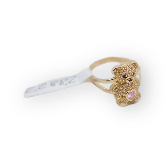 Women's 14k Small Teddy Bear with Pink Stone Ring