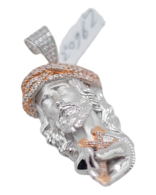 14k White/Rose Gold Jesus Face W/ Cross